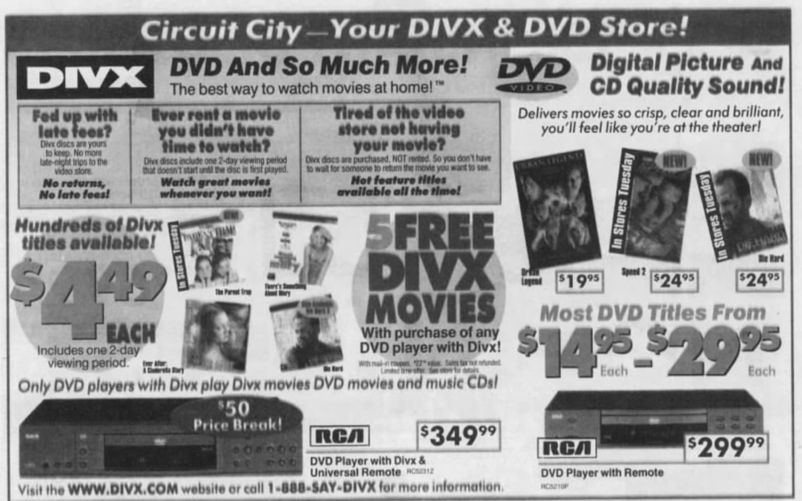 newspaper com 1999 vhs dvd - Divx Fed up with late fees? Divx discs are yours to keep. No more latenight trips to the video store No returns, No late fees! Circuit CityYour Divx & Dvd Store! Dvd And So Much More! The best way to watch movies at home! Ever